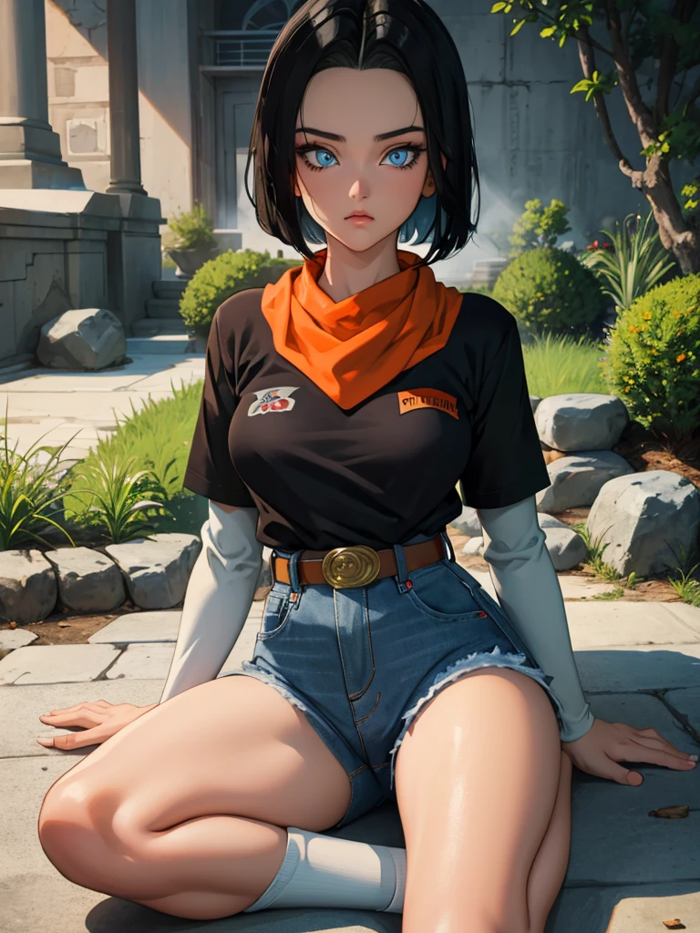 (masterpiece), best quality, expressive eyes, perfect face, highres, 1 girl, solo, android 17 girl, (female body:1.3), blue eyes, black short hair,parted hair,short hair, black shirt, jeans, layered shirt, white sleeves,orange bandana, blue sneakers, green socks, brown belt, red patch, outdoor, landscape, sitting on floor, portrait, looking at the viewer, An exquisite masterpiece of top quality and high resolution featuring Marnie. Big sleepy eyes, Aqua eyes、Glowing under the dim light. black short hair, magazine style, dark backbround