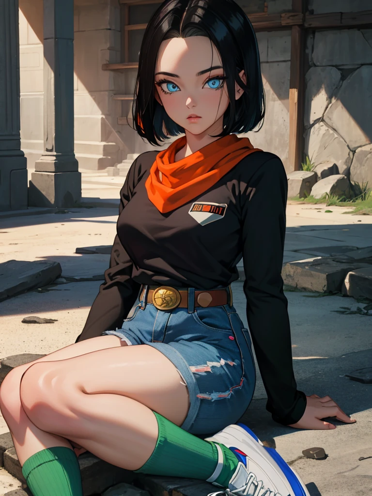 (masterpiece), best quality, expressive eyes, perfect face, highres, 1 girl, solo, android 17 girl, (female body:1.3), blue eyes, black short hair,parted hair,short hair, black shirt, jeans, layered shirt, white sleeves,orange bandana, blue sneakers, green socks, brown belt, red patch, outdoor, landscape, sitting on floor, portrait, looking at the viewer, An exquisite masterpiece of top quality and high resolution featuring Marnie. Big sleepy eyes, Aqua eyes、Glowing under the dim light. black short hair, magazine style, dark backbround