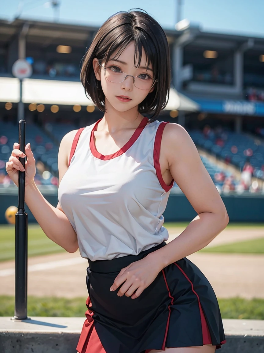 8k, RAW Photos, Highest quality, masterpiece, Realistic, Realistic, (1 Ultimate beauty), 野球cheer leading部,(Strictly adhere to a composition where only one person appears in the photo)、(At the baseball stadium)(Wear rimless glasses)((Female Cheerleader))(cheer leading) (((Bold-colored sleeveless shirt and flared skirt)))Highly detailed face, (Perfect Teeth), fine grain, double eyelid, eyelash, Lip details, (((Black hair pixie cut)), (((Very large breasts)))Big Breasts,(((Accentuate your cleavage)))(((Squat)))(((Squat姿勢)))((Sexy pose))(((It emphasizes the crotch....)))Cowboy Shot,  Soft Light, ((Written boundary depth)) 
Proceed with caution，((, Japanese women)), (((moderately fleshy body, Tight waist))), (((Front view, Realistic))Front view