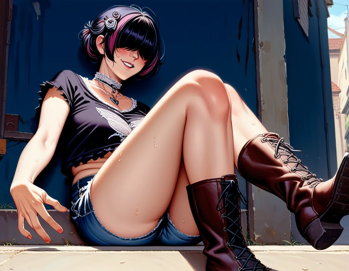 score_9, score_8_up, score_7_up, source_anime, 1 woman, playful hands((),  ((playful smile and face)),  lize1st, hair ornament, (undersized sleevless shirt) (),  ((highlighted chest)) knee high lace-up boots, tall boots, choker necklace, ((goth girl)), (dynamic angle), (dynamic pose), sweat, ((night alleyway)), (( blush)),  gothmom, multicolored hair, ((hair over eyes)), ((norman rockwell style:1.4)) ((night time lighting)) ((deep dark shadows)) dark, low key, (milf)
