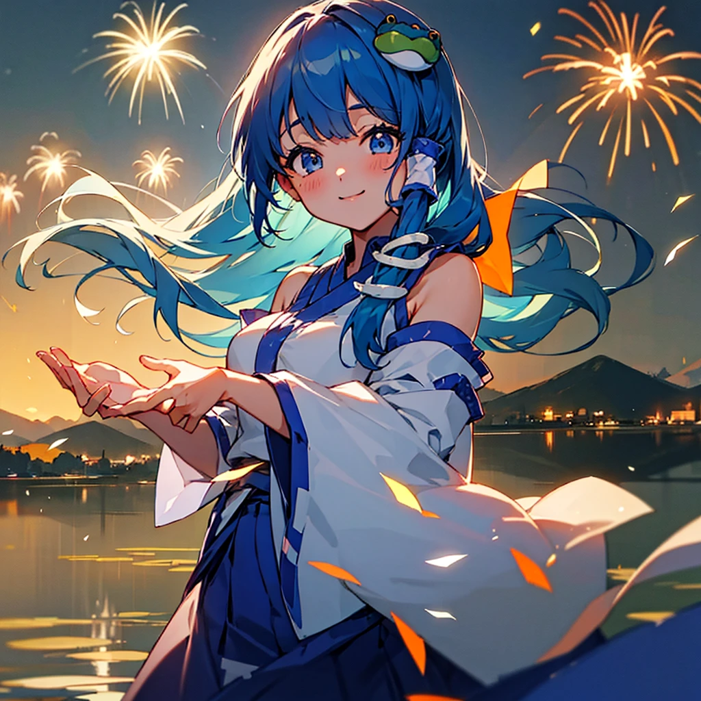 Highest quality、masterpiece、Detailed、beautiful、８Ｋ、One Girl、Delicate and fine skin、Oriental Project、Sanae Kochiya、、Mountain、firework、lake、masterpiece、Highest quality、Very high quality、8k、Very detailed、Delicate and fine skin girl、Young、young、Smiling、fireworkを背景にして