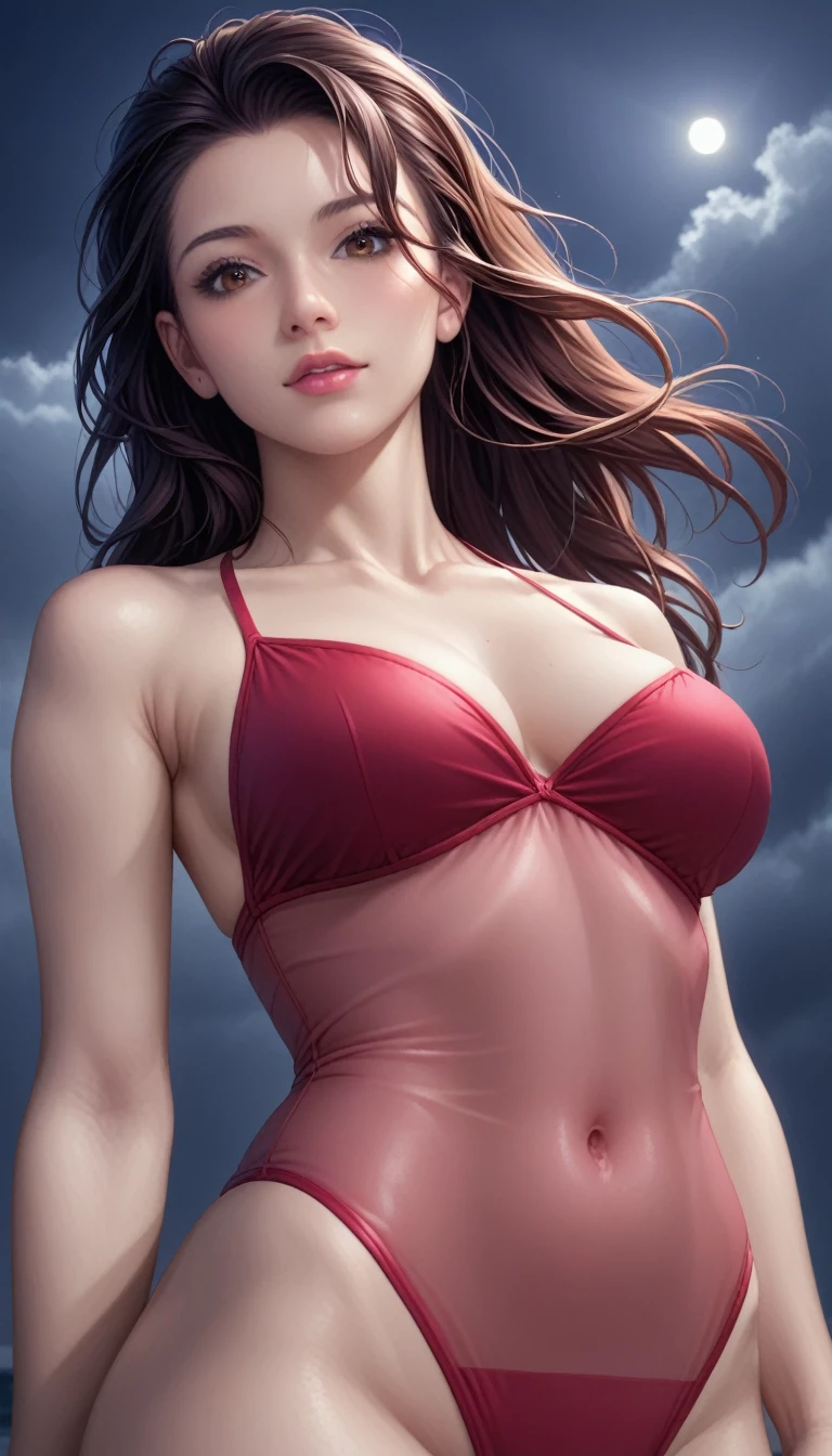 score_9, score_8_superior, score_7_superior, High-resolution CG illustration,A masterpiece in 32K resolution,Highest quality,it is really amazing,Very detailed,Ultra-high resolution,Ultra-realistic,Realistic,Increased depth of field,Cinematic lighting,
Sexy mature Japan woman,
Straight long hair with black hair,Ultra-detailed and beautiful face,Calm and gentle look,Beautiful brown eyes,Translucent white skin,Realistic skin texture,Great proportions,
Elegant red swimsuit,
Simple design,Chic color scheme based on red,Detailed fabric texture,
(Dark overcast sky on a dull night:1.1),(Dark clouds filling the sky:1.1),Thundercloud,Coastline at night,Stormy seas,delay々A desolate sandy beach that continues,
Cinematic,Low - Angle,