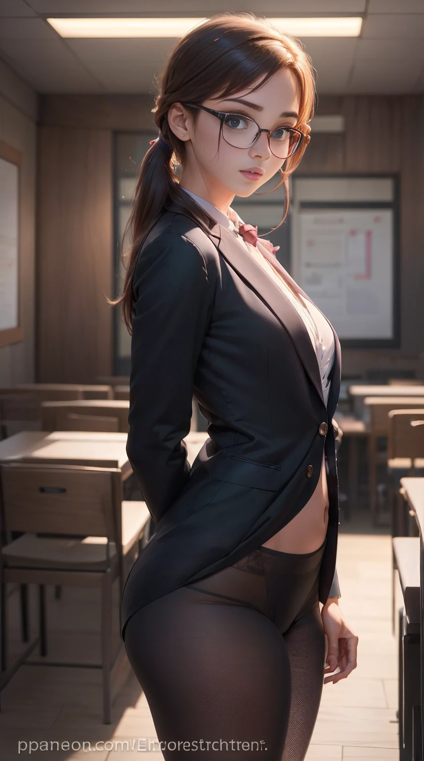 Tabletop, , 最high quality,、Super detailed, スーツを着て眼鏡をかけた女性がphotographのポーズをとっている, Wearing a suit and glasses, Wearing a strict business suit, (Wearing ultra-realistic pantyhose)、 スーツを着て黒いWearing glassesいる, 黒いWearing glassesいる, Girl in suit, Wearing glasses, Girl in suit, Dressed in a strict suit, JK Uniform, Japanese Uniform, Wear a business suit, Japanese School Uniform, Wear a business suit, On the body, Tyndall effect, Realistic, Shadow Studio, Rim Light, Dual Tone Lighting, (High Definition Skins: 1.2), 8k ウルトラHD, Digital SLR, Soft Light, high quality, Volumetric Light, Sneak Shot, photograph, High resolution, 4K, 8k, Background Blur,　Glowing Skin、Exposed thighs!!!、