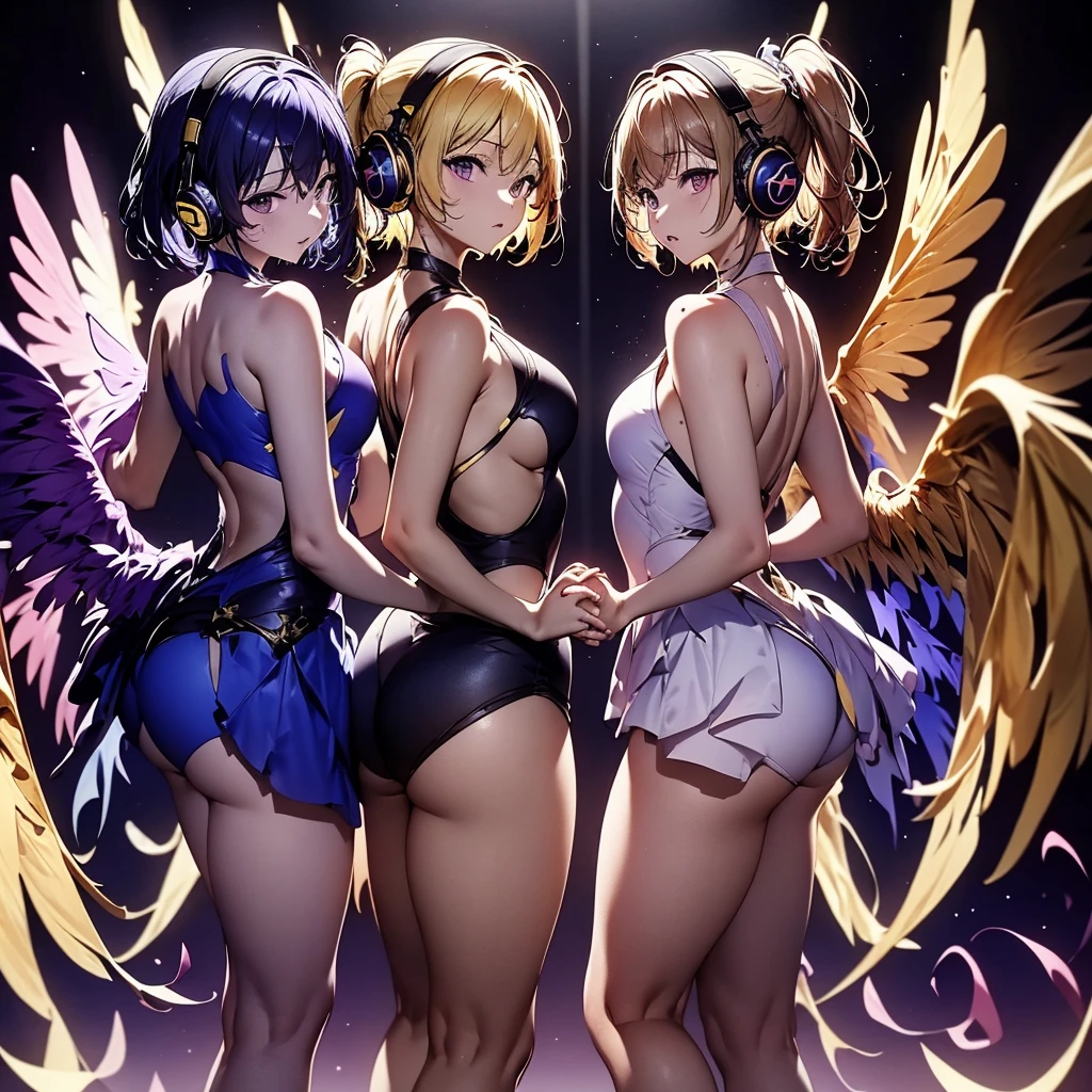 ((Highest quality)), (detailed), Holding hands and standing back to back, dark blue hair, short hair, long bangs, large chest, purple eyes, white headphones, large wings, long side ponytail, flames, average size, small chest, long blonde hair, purple eyes、Idol、Holding hands and standing back to back.0、Yellow and purple light cube background 1.7、Idol衣装1.6、Anatomically correct 2.0、Two people 2.0、Pastel 0.6