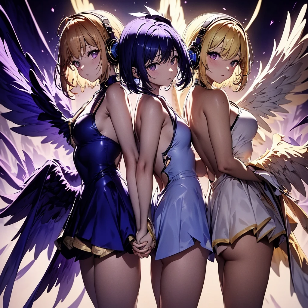 ((Highest quality)), (detailed), Holding hands and standing back to back, dark blue hair, short hair, long bangs, large chest, purple eyes, white headphones, large wings, long side ponytail, flames, average size, small chest, long blonde hair, purple eyes、Idol、Holding hands and standing back to back.0、Yellow and purple light cube background 1.7、Idol衣装1.6、Anatomically correct 2.0、Two people 2.0、Pastel 0.6