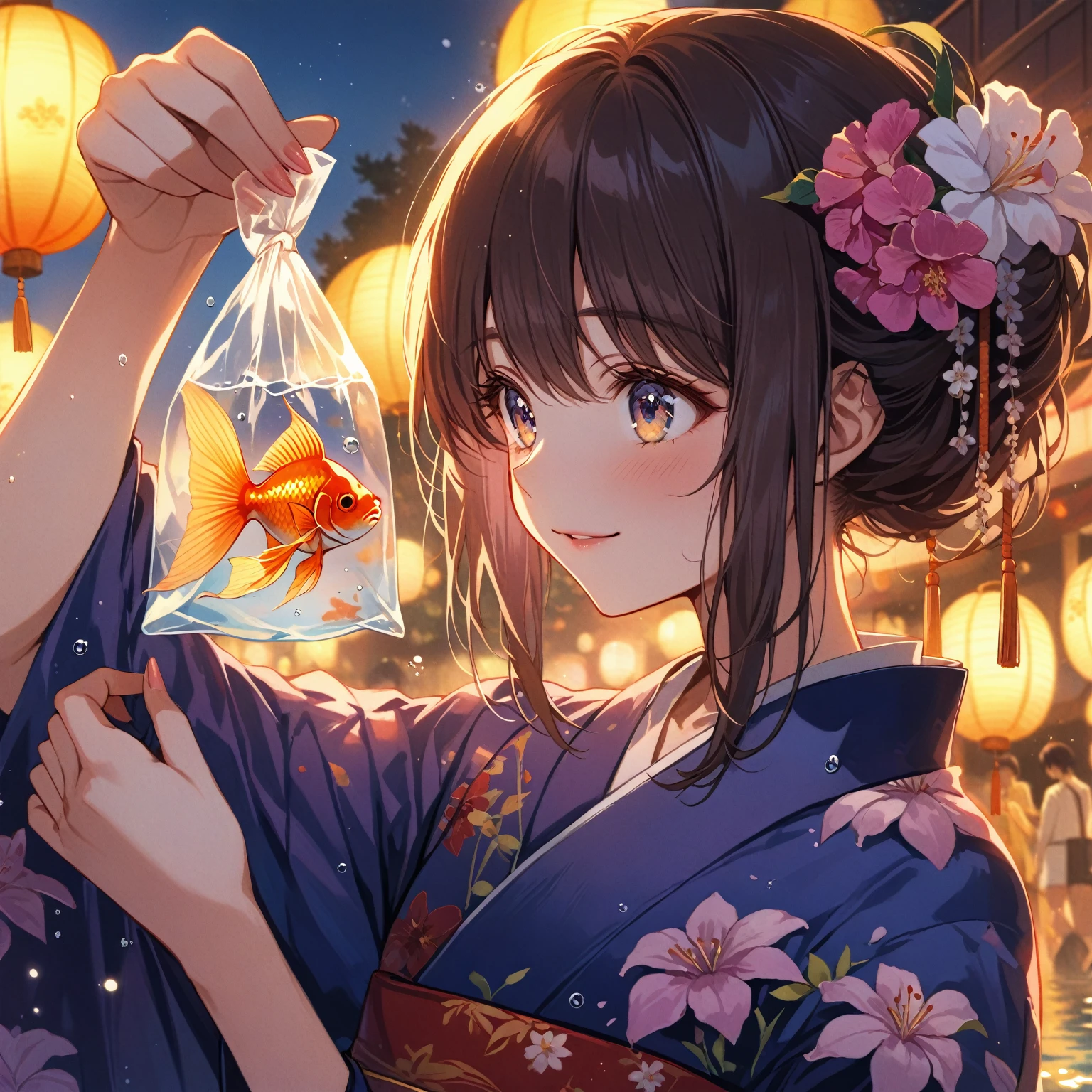 score_9_up, score_9, score_8_up, score_7_up, source_anime,masterpiece, best quality, high resolution, extremely detailed CG, absurdres, highres,On the evening of the summer festival, 1girl, solo, a girl in a yukata holds a goldfish in a small transparent plastic bag. The girl lifts the bag in front of her eyes and looks ahead through the water in the bag with a gentle smile, good_hands, Long eyelashes, detailed beautiful eyes, looking away, NegPDXL-DHP