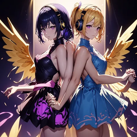 ((highest quality)), (detailed), holding hands and standing back to back, dark blue hair, short hair, long bangs, large chest, p...