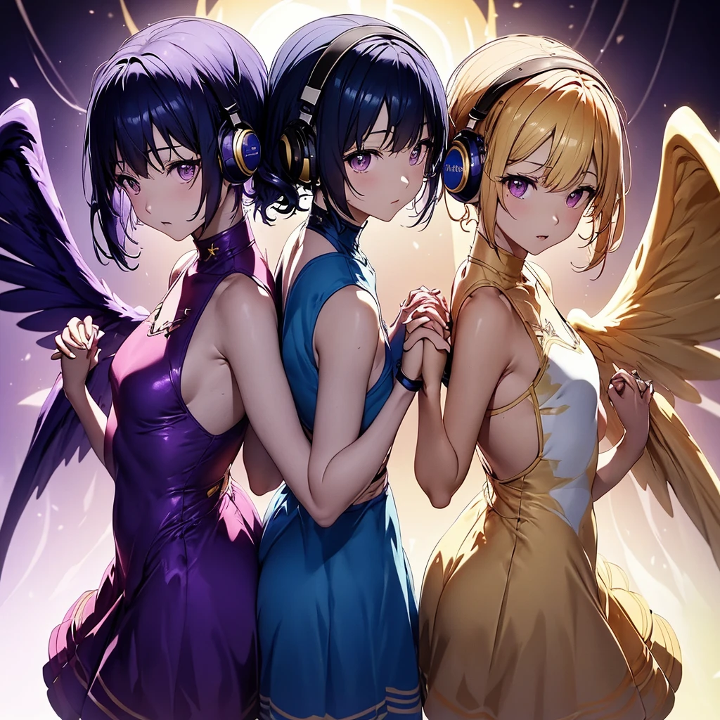 ((Highest quality)), (detailed), Holding hands and standing back to back, dark blue hair, short hair, long bangs, large chest, purple eyes, white headphones, large wings, long side ponytail, flames, average size, small chest, long blonde hair, purple eyes、Idol、Holding hands and standing back to back.0、Yellow and purple light cube background 1.7、Idol衣装1.6、Anatomically correct 2.0、Two people 2.0、Pastel 0.6