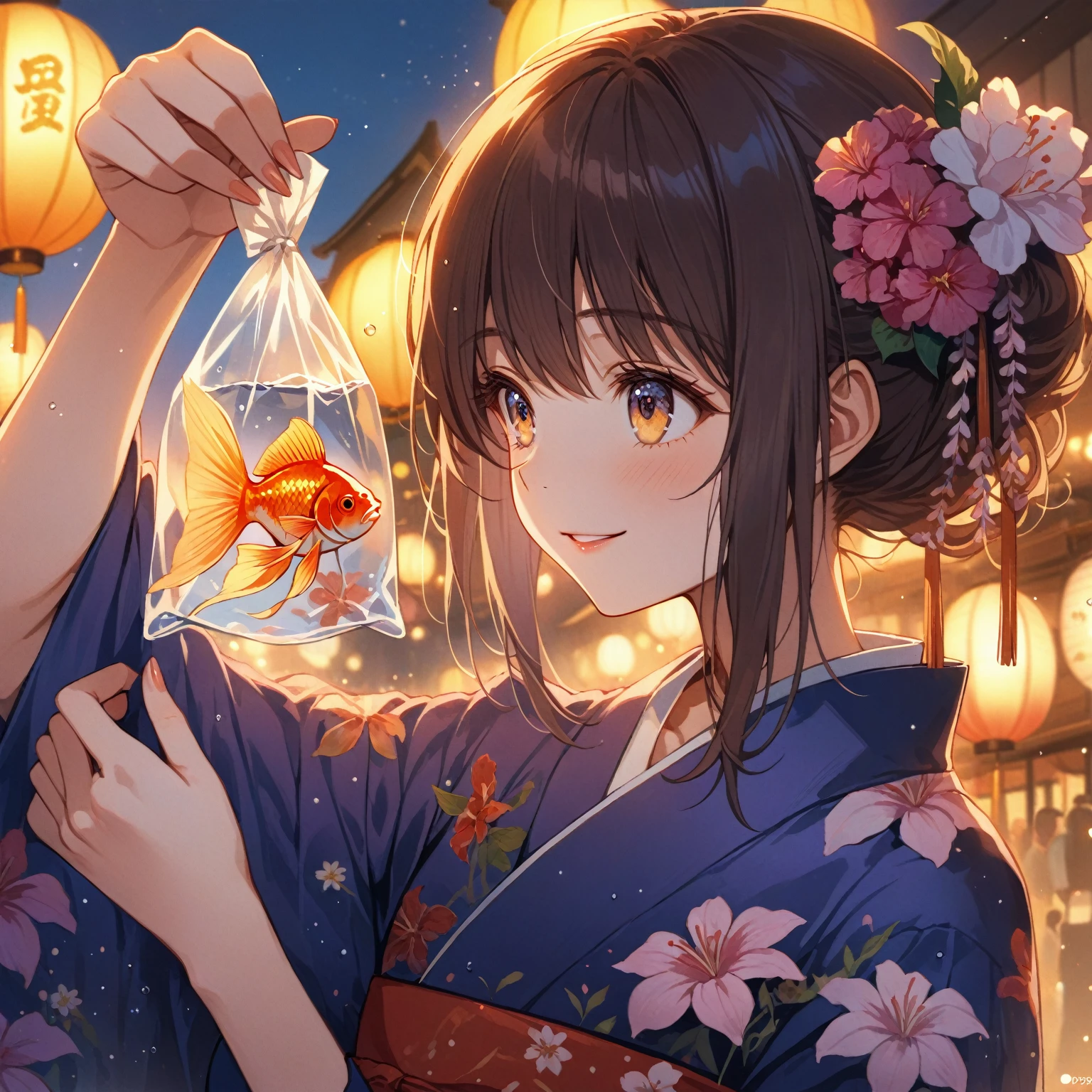 score_9_up, score_9, score_8_up, score_7_up, source_anime,masterpiece, best quality, high resolution, extremely detailed CG, absurdres, highres,On the evening of the summer festival, 1girl, solo, a girl in a yukata holds a goldfish in a small transparent plastic bag. The girl lifts the bag in front of her eyes and looks ahead through the water in the bag with a gentle smile, good_hands, Long eyelashes, detailed beautiful eyes, looking away, NegPDXL-DHP