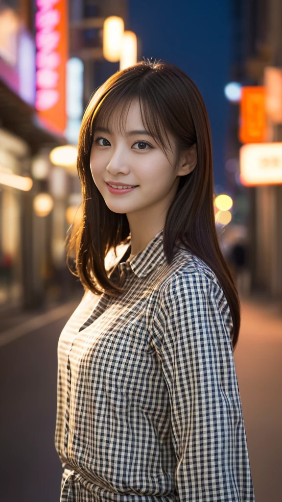 1 person, (Wearing a checked orange blouse:1.2), Beautiful Japanese actresses,
(RAW Photos, Highest quality), (Realistic, Photorealistic:1.4), masterpiece, 
Very delicate and beautiful, Very detailed, 2k wallpaper, wonderful, 
finely, Very detailedな CG ユニティ 8k 壁紙, Very detailedな, High resolution, 
Soft Light, Beautiful detailed, Very detailed目と顔, Beautiful and detailed nose, Beautiful and beautiful eyes, 
Cinema Lighting, Against the backdrop of the cityscape at night, City lights, Perfect Anatomy, Random body orientation, Slender body, smile