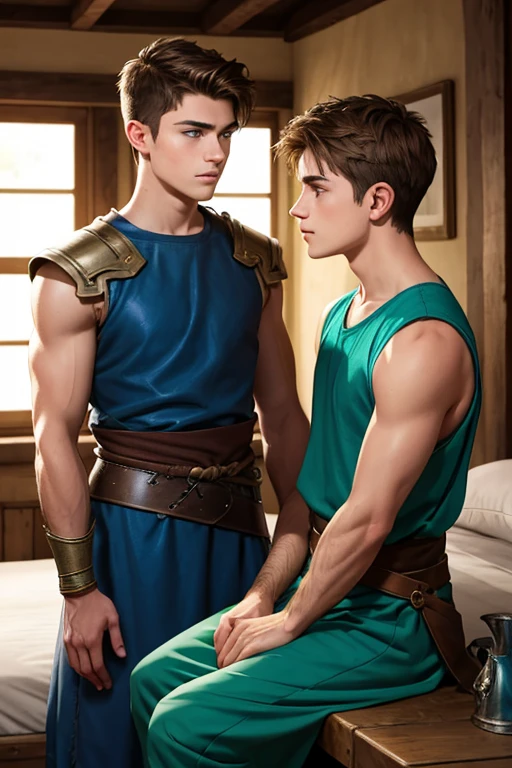 Photo-realistic. A pleased, 16-year-old, handsome, muscular Caucasian man with fade-cut, brown hair, and blue eyes, wearing shabby, sleeveless, leather armor, with metal shoulder guards, boasting, as he tells a dramatic story to a 15-year-old, lean, Caucasian peasant man, with short, brown hair, and blue eyes, in a blue and green tunic, listening in wonder, sitting next to each other on a simple bed, in a rustic inn room, at night.