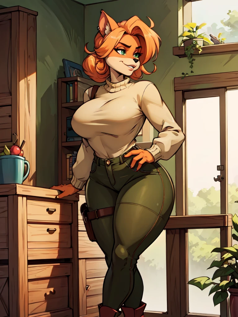 (best quality,4k,8k,highres,masterpiece:1.2),ultra-detailed,realistic:1.37,portrait, Furry, sancy anthro bandicoot girl redhead, braided hair, beautiful green eyes,  sexy ,seductive, warm sweater,  camouflage pants, army boots, smirking, cozy lighting, vibrant colors