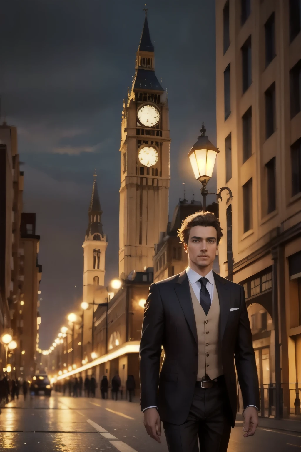 people walking on a bridge in a city at night with a large clock tower in the background, classic scenario, arstation and beeple highly, city street, metropolis, Albert Edward Hughes's draw style