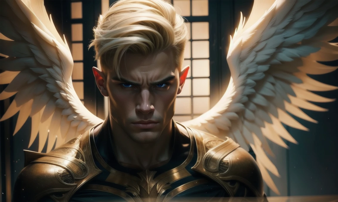 [((highly detailed, detailed eyes, detailed face, clear and realistic facial features, photorealistic, realistic light, cinematic)), (1 man), (((((Gorgeous perfect sexy powerful masculine male angel))))), (((two large white wings coming from his back))), ((faint halo)), ((((short blond hair, pale eyes)))), ((35 years old)), ((wearing flattering gauzy angelic clothes)), (((aura of divine power))), standing in a cozy apartment at nighttime, ((light blush)), ((imposing powerful pose)), (((wearing an annoyed expression)))]