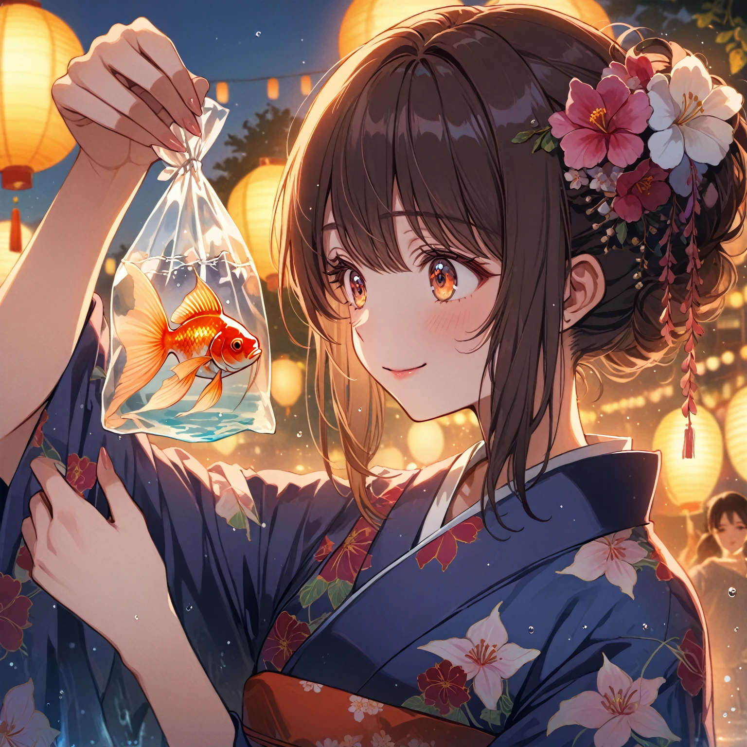 score_9_up, score_9, score_8_up, score_7_up, source_anime,masterpiece, best quality, high resolution, extremely detailed CG, absurdres, highres,On the evening of the summer festival, 1girl, solo, a girl in patterned yukata holds a goldfish in a small transparent plastic bag. The girl lifts the bag in front of her eyes and looks ahead through the water in the bag with a gentle smile, good_hands, Long eyelashes, detailed beautiful eyes, looking away, NegPDXL-DHP