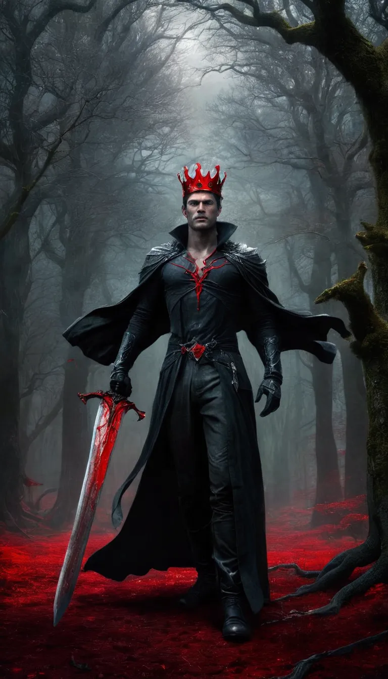 a man standing in a forest with leafless trees. he is wearing a dark coat with red accents and is wearing a crown on his head. f...