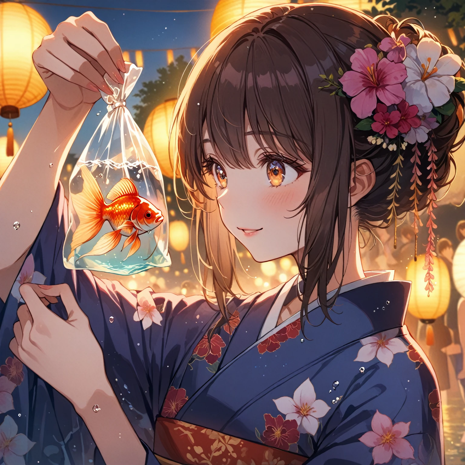 score_9_up, score_9, score_8_up, score_7_up, source_anime,masterpiece, best quality, high resolution, extremely detailed CG, absurdres, highres,On the evening of the summer festival, 1girl, solo, a girl in patterned yukata holds a goldfish in a small transparent plastic bag. The girl lifts the bag in front of her eyes and looks ahead through the water in the bag with a gentle smile, good_hands, Long eyelashes, detailed beautiful eyes, looking away, NegPDXL-DHP