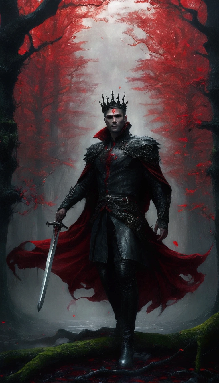 A man standing in a forest with leafless trees. He is wearing a dark coat with red accents and is wearing a crown on his head. From the character's body and arms, dynamic blood swirls emanate from him creating an almost circular pattern around him. The pools of blood seem to emanate from the man&#39;s being, suggesting a sense of supernatural power or ability. He is also holding a sword in his right hand., pointing down. The overall atmosphere of the image is dark and melancholic, with the red elements providing a stark contrast to the gray tones of the forest and sky. Extremely detaild, 8k, HDR, natural light, cinematic lighting, masterpiece-anatomy-perfect, ultra HD, RAW photo, metallic, professional, ultra-fine painting, perfect body proportions, anatomically correct, uhd, real texture material, Anti-Aliasing, FKAA, TXAA, SSAO, Post Processing, Post Production, Tone Mapping, CGI, VFX, SFX, hyper maximalist, Volumetric, ultra photorealultra-detailed intricate details