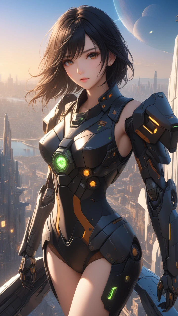 best quality ,masterpiece, number, Very delicate and beautiful, Very detailed ,CG ,Unite ,8k wallpaper, wonderful, Finely, masterpiece,best quality,official art,Very detailed CG Unite 8k wallpaper, incredibly disorganized, Ultra Detailed, high resolution, Very detailed,Beautiful and meticulous girl,The light shines on your face, 1 girl, Mecha, armor, Mechanical_Body, Black Hair, spacecraft, City, Cyberpunk, Star_Invalid,