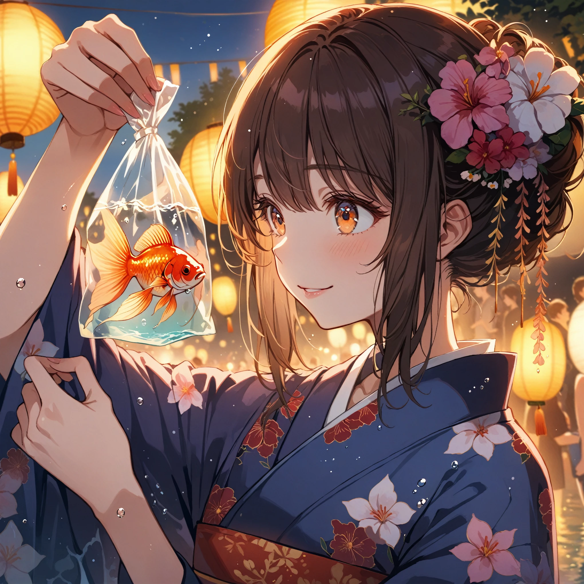 score_9_up, score_9, score_8_up, score_7_up, source_anime,masterpiece, best quality, high resolution, extremely detailed CG, absurdres, highres,On the evening of the summer festival, 1girl, solo, a girl in patterned yukata holds a goldfish in a small transparent plastic bag. The girl lifts the bag in front of her eyes and looks ahead through the water in the bag with a gentle smile, good_hands, Long eyelashes, detailed beautiful eyes, looking away, NegPDXL-DHP