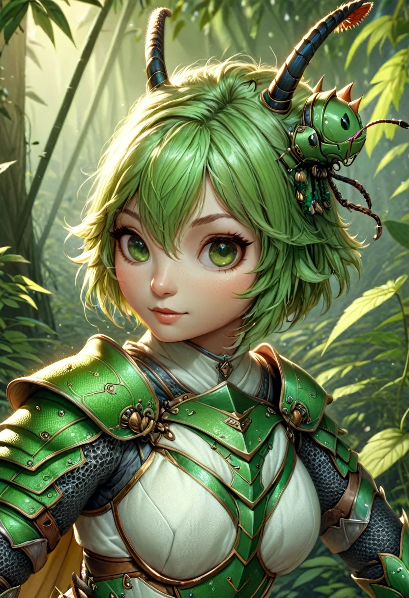 Anthropomorphic female grasshopper knight Official Art – An Award-Winning Digital Masterpiece In 4K Ultra HD, Extreme Detail And Intricate Realism. Symmetrical Face. This Concept Art Brought To Life By The Hands Of Artists Like Wlop & Artgerm In A Stunning 2D Vector Illustration.Background Is A Panoramic Vista.
