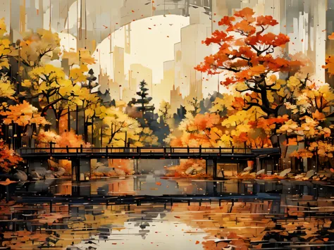 autumn、(((forest)))、red、((fallen leaves))、beautiful landscape画,  claude monet, palette knife,　((there is no one))、((no bridges))...