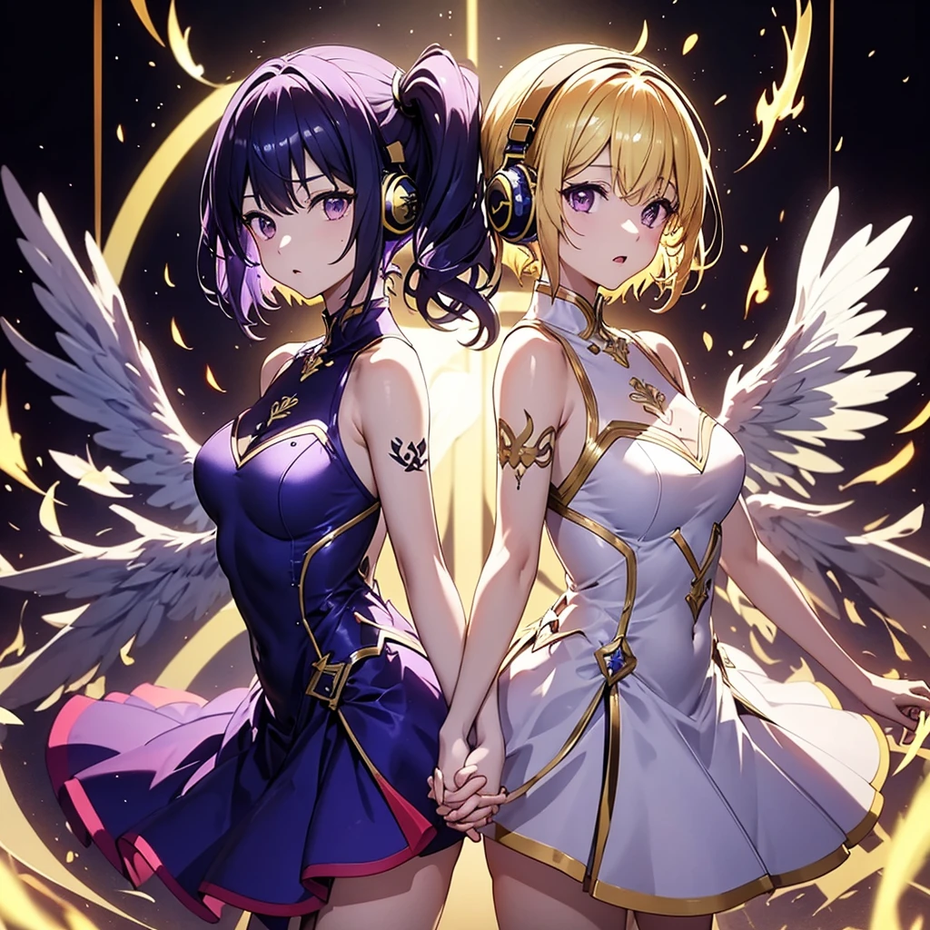 ((Highest quality)), (detailed), Holding hands and standing back to back, dark blue hair, short hair, long bangs, large chest, purple eyes, white headphones, large wings, long side ponytail, flames, average size, small chest, long blonde hair, purple eyes、Idol、Holding hands and standing back to back.0、Yellow and purple light cube background 1.7、Idol衣装1.6、Anatomically correct 2.0、Two people 2.0、Pastel 0.6