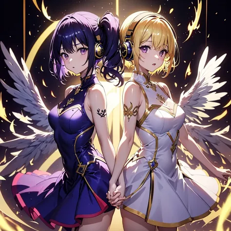 ((highest quality)), (detailed), holding hands and standing back to back, dark blue hair, short hair, long bangs, large chest, p...