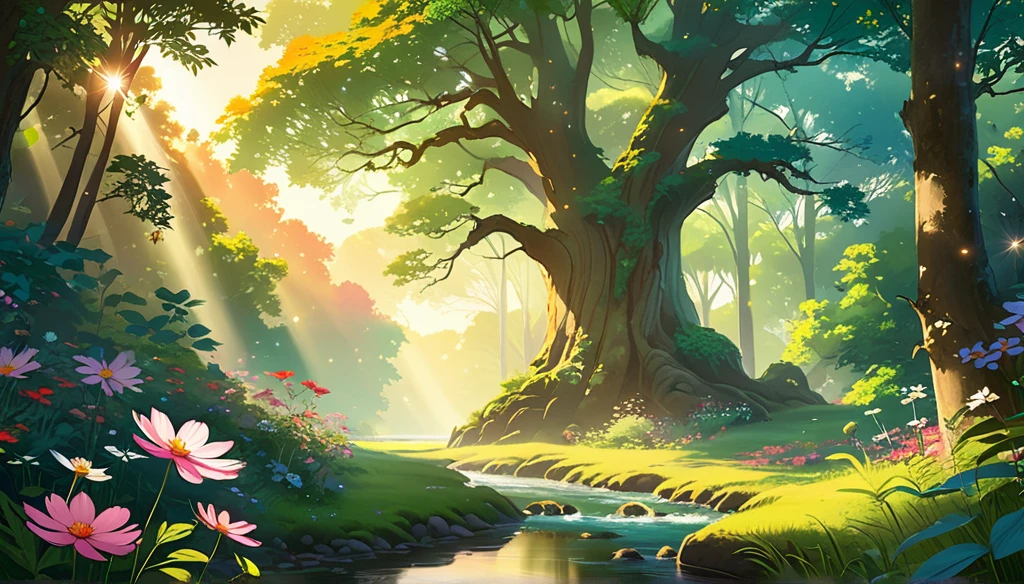 Viral anime nature wallpaper in 4K quality, in the style of digital illustration inspired by Hayao Miyazaki, featuring a serene forest with towering ancient trees, dappled sunlight filtering through the leaves, a gentle stream flowing through the scene, and mystical creatures peeking from behind the foliage; vibrant and warm color temperature, cosmos lighting with stars twinkling in the sky, no human characters, the atmosphere is tranquil and enchanting --v 5 --stylize 1000