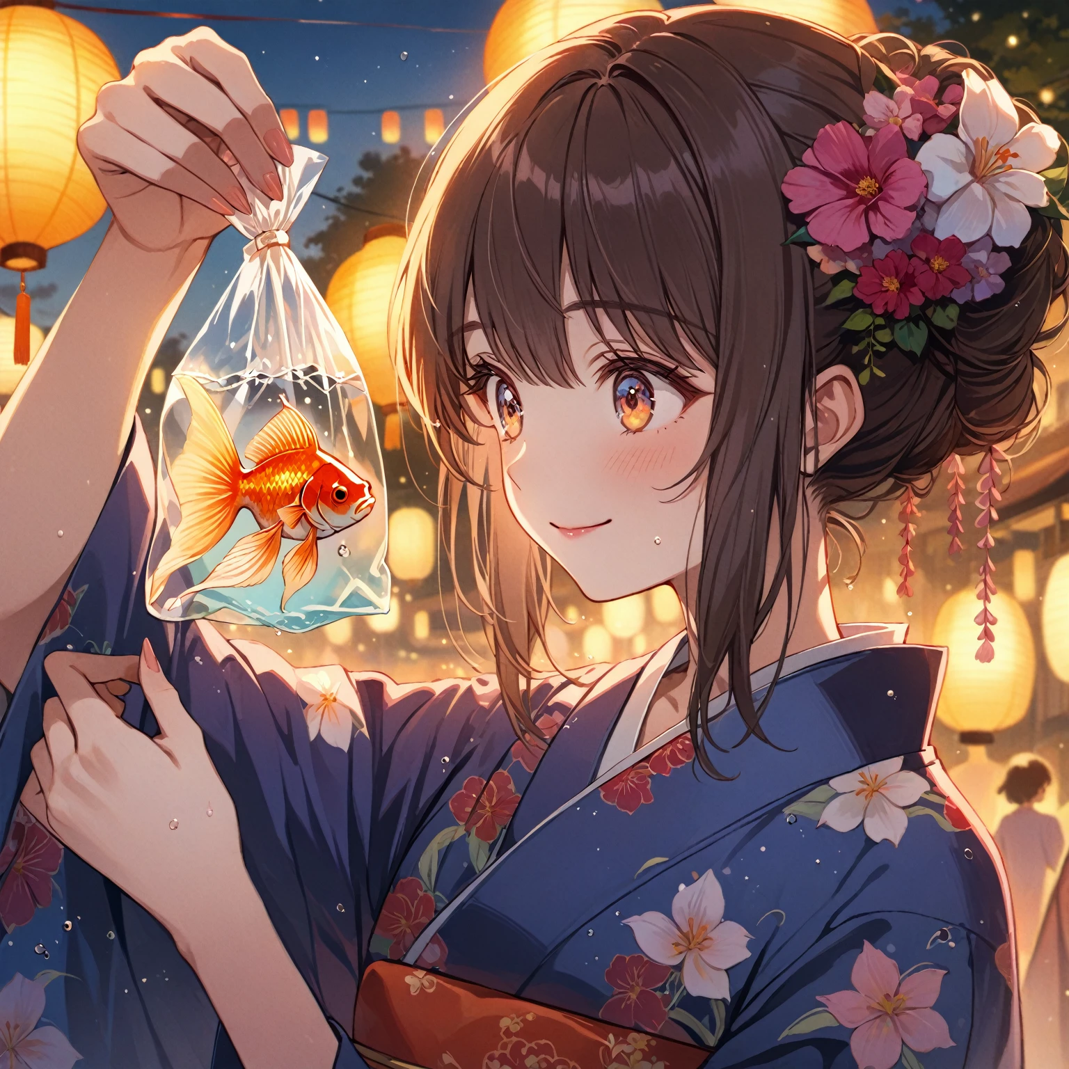 score_9_up, score_9, score_8_up, score_7_up, source_anime,masterpiece, best quality, high resolution, extremely detailed CG, absurdres, highres,On the evening of the summer festival, 1girl, solo, a girl in patterned yukata holds a goldfish in a small transparent plastic bag. The girl lifts the bag in front of her eyes and looks ahead through the water in the bag with a gentle smile, good_hands, Long eyelashes, detailed beautiful eyes, looking away, background is the stalls, NegPDXL-DHP