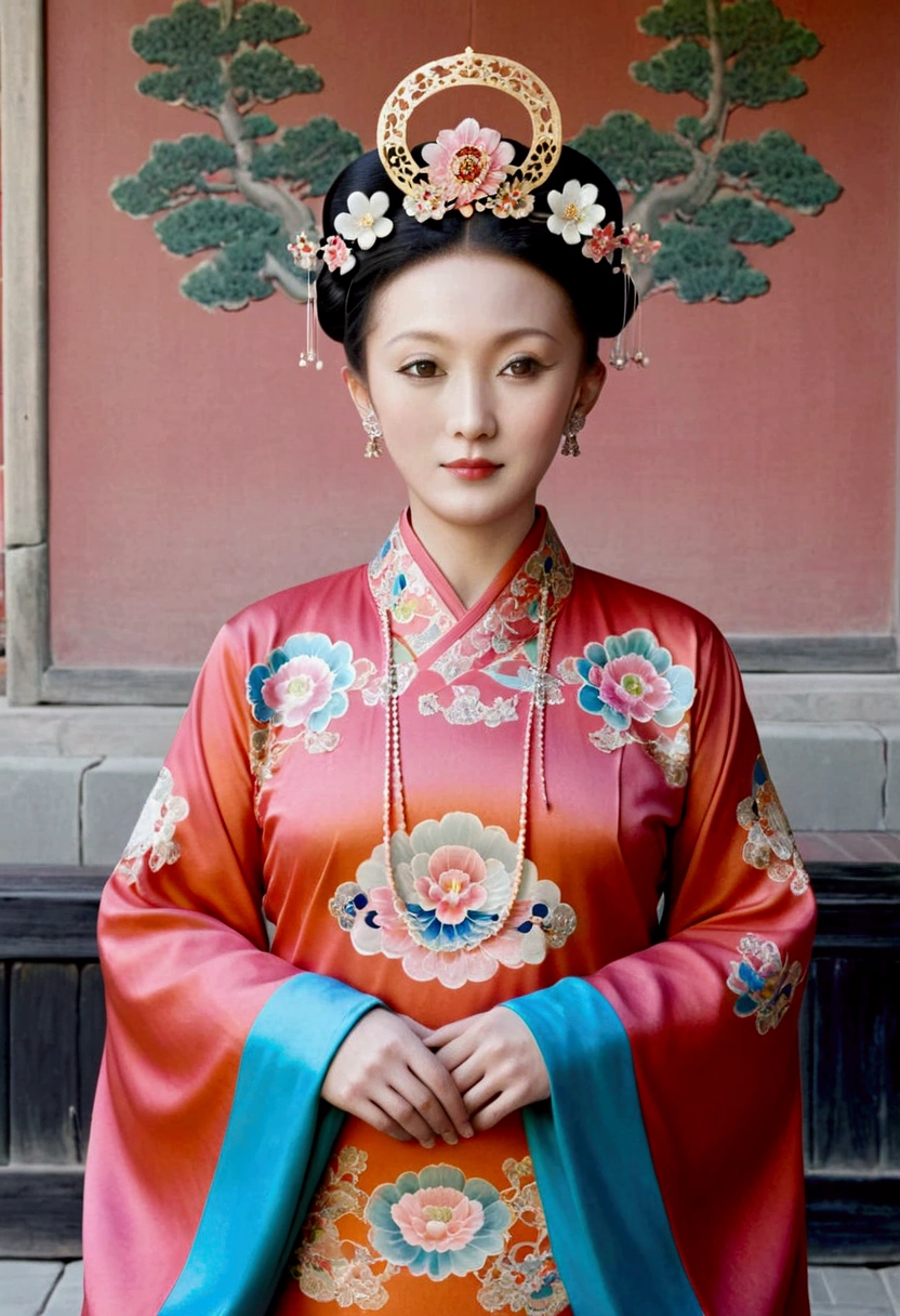 A full-length portrait of the Empress of the Qing Dynasty in a palace during the Qing Dynasty. She is naked and has large breasts.. She is wearing a crown and a flower hairpin.、. The background is the stone paving of a Chinese palace during the Qing Dynasty....