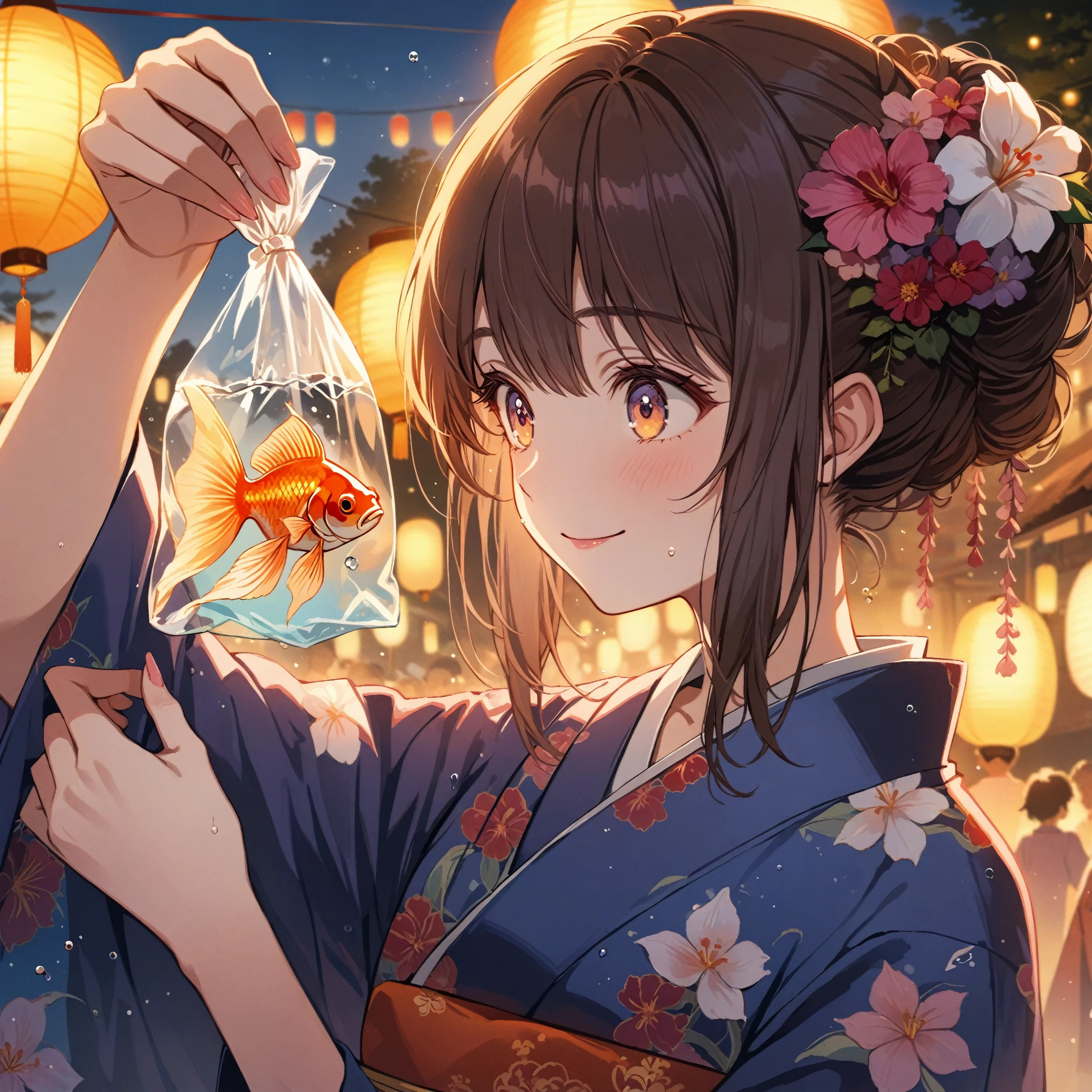 score_9_up, score_9, score_8_up, score_7_up, source_anime,masterpiece, best quality, high resolution, extremely detailed CG, absurdres, highres,On the evening of the summer festival, 1girl, solo, a girl in patterned yukata holds a goldfish in a small transparent plastic bag. The girl lifts the bag in front of her eyes and looks ahead through the water in the bag with a gentle smile, good_hands, Long eyelashes, detailed beautiful eyes, looking away, background is the stalls, NegPDXL-DHP