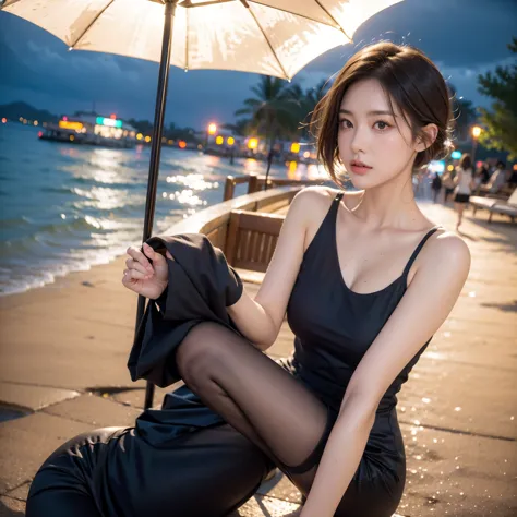 a sad-looking woman standing on the beach at night、zoom in、upper body、40 years old