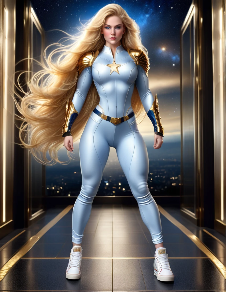 BLONDE BOMB WOMAN, Female warrior with blue jeans, very pale skin, blue eyes, high cheekbones, rosy cheeks, MENTAL FORAMEN, HUGE LONG BLONDE HAIR, TERRIBLE HAIR, LONG JEANS THEMES IN LONG BLONDE HAIR, LEOTARD ARMOR THONG, White long sleeve shirt, BLUE BODY JEANS, JEANS TEXTURE, GOLD DETAILS ON JEANS, BODY JEANS, BODY NECKLINE, Red belt, gold buckle, golden gauntlets, CURVY ATHLETIC BODY, DETAILED QUADRICEPS, beautiful thighs, White Converse All Star Sneakers, muscles, Side view of the body, full body perspective, dark hallway, huge windows, night sky, accurate image, masterpiece.