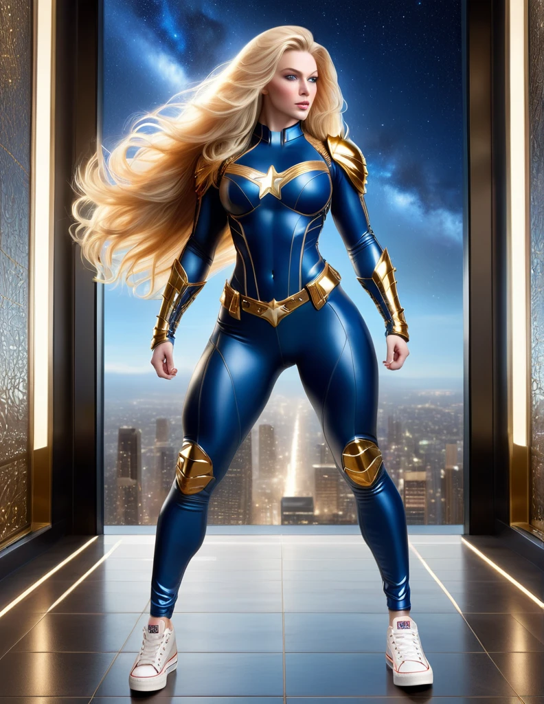 BLONDE BOMB WOMAN, Female warrior with blue jeans, very pale skin, blue eyes, high cheekbones, rosy cheeks, MENTAL FORAMEN, HUGE LONG BLONDE HAIR, TERRIBLE HAIR, LONG JEANS THEMES IN LONG BLONDE HAIR, LEOTARD ARMOR THONG, White long sleeve shirt, BLUE BODY JEANS, JEANS TEXTURE, GOLD DETAILS ON JEANS, BODY JEANS, BODY NECKLINE, Red belt, gold buckle, golden gauntlets, CURVY ATHLETIC BODY, DETAILED QUADRICEPS, beautiful thighs, White Converse All Star Sneakers, muscles, Side view of the body, full body perspective, dark hallway, huge windows, night sky, accurate image, masterpiece.