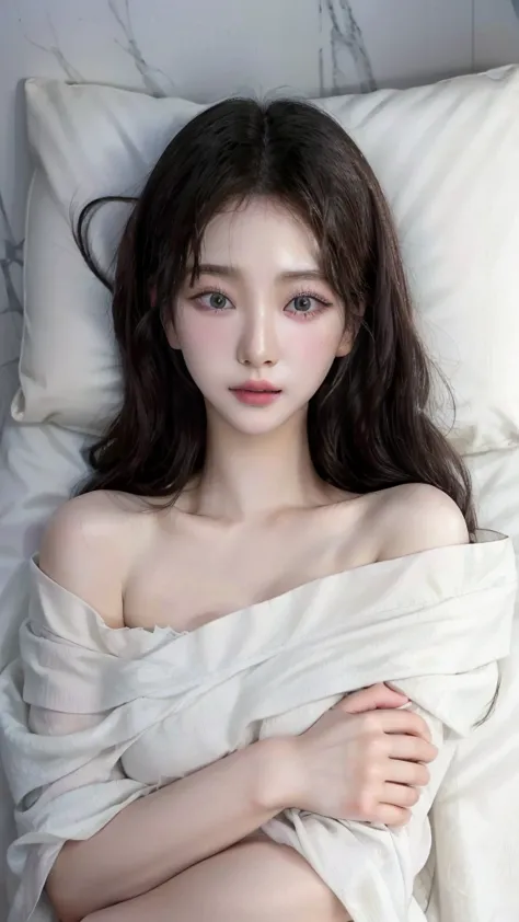 a close up of a woman laying in bed with a white blanket, beautiful south korean woman, realistic. cheng yi, korean girl, beauti...