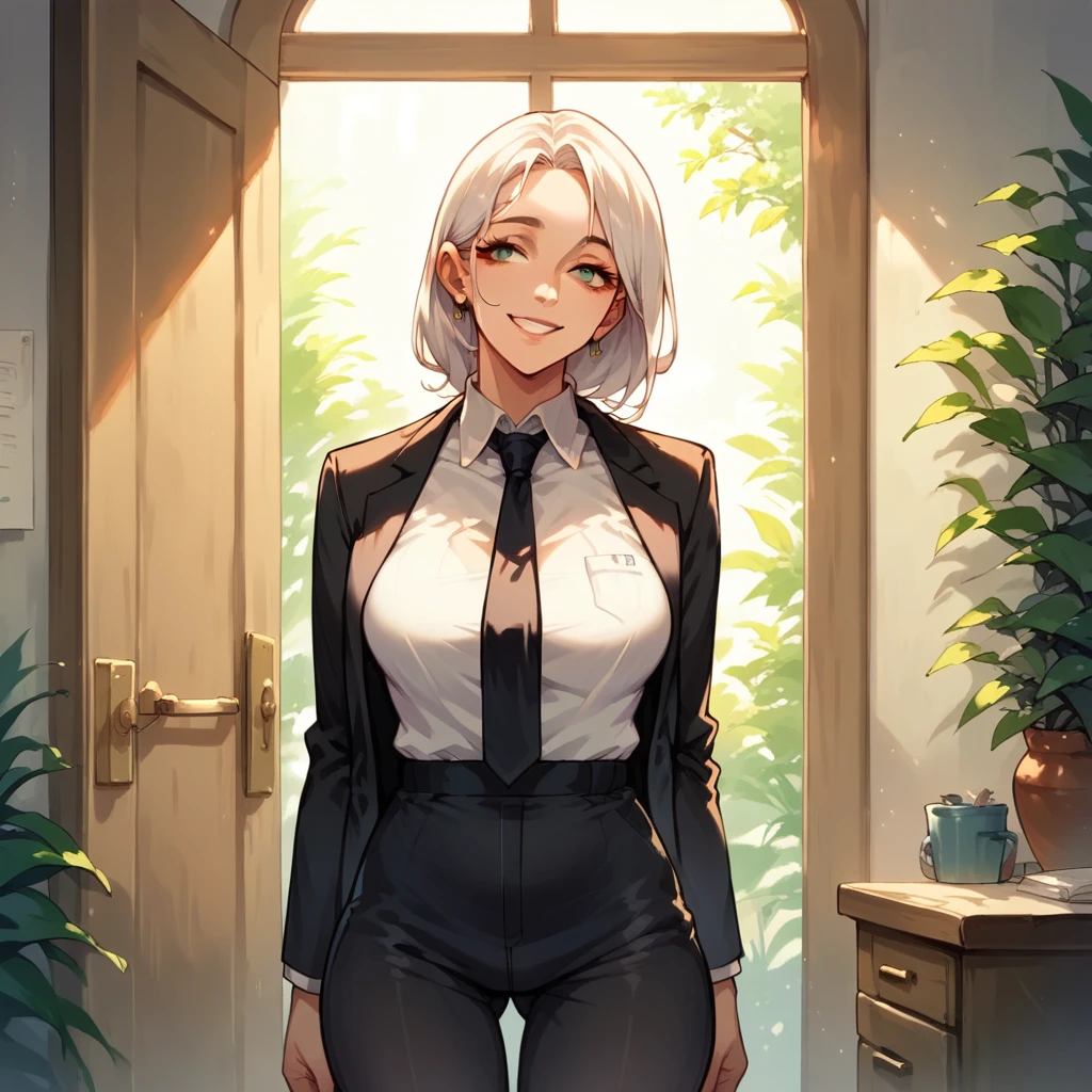 throw, white woman in a black suit and black tie, She is opening the door of an office with documents in her hands., She has a smile on her face 