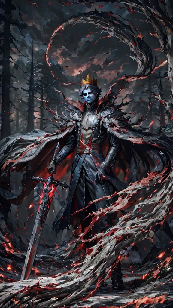 a man standing, in a forest with leafless trees. Wearing a dark coat, with red details and wears a crown on his head. From the body and arms emanate dynamic swirls of blood, that create an almost circular pattern around him. The pools of blood seem to emanate from the man, suggesting a sense of supernatural power or ability. He holds a sword in his right hand, pointing down. ((The overall atmosphere of the image is dark and melancholic, with the red elements providing a stark contrast to the gray tones of the forest and sky):1.5). Extremely detaild, 8k, HDR, natural light, cinematic lighting, masterpiece-anatomy-perfect, ultra HD, RAW photo, metallic, professional, ultra-fine painting, perfect body proportions, anatomically correct, uhd, real texture material, Anti-Aliasing, FKAA, TXAA, SSAO, Post Processing, Post Production, Tone Mapping, CGI, VFX, SFX, hyper maximalist, Volumetric, ultra photorealultra-detailed intricate details.