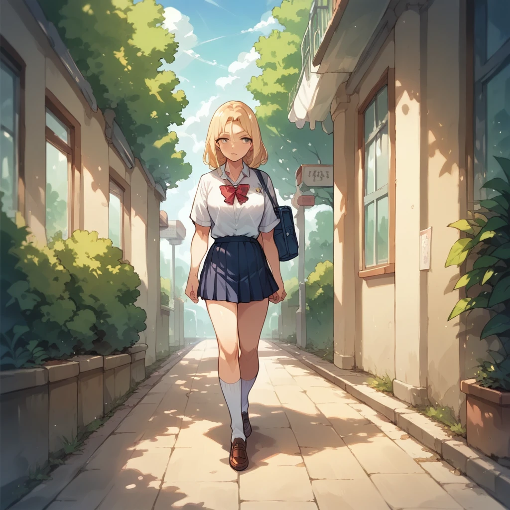 Super beautiful blonde schoolgirl, walking in the school hallways 