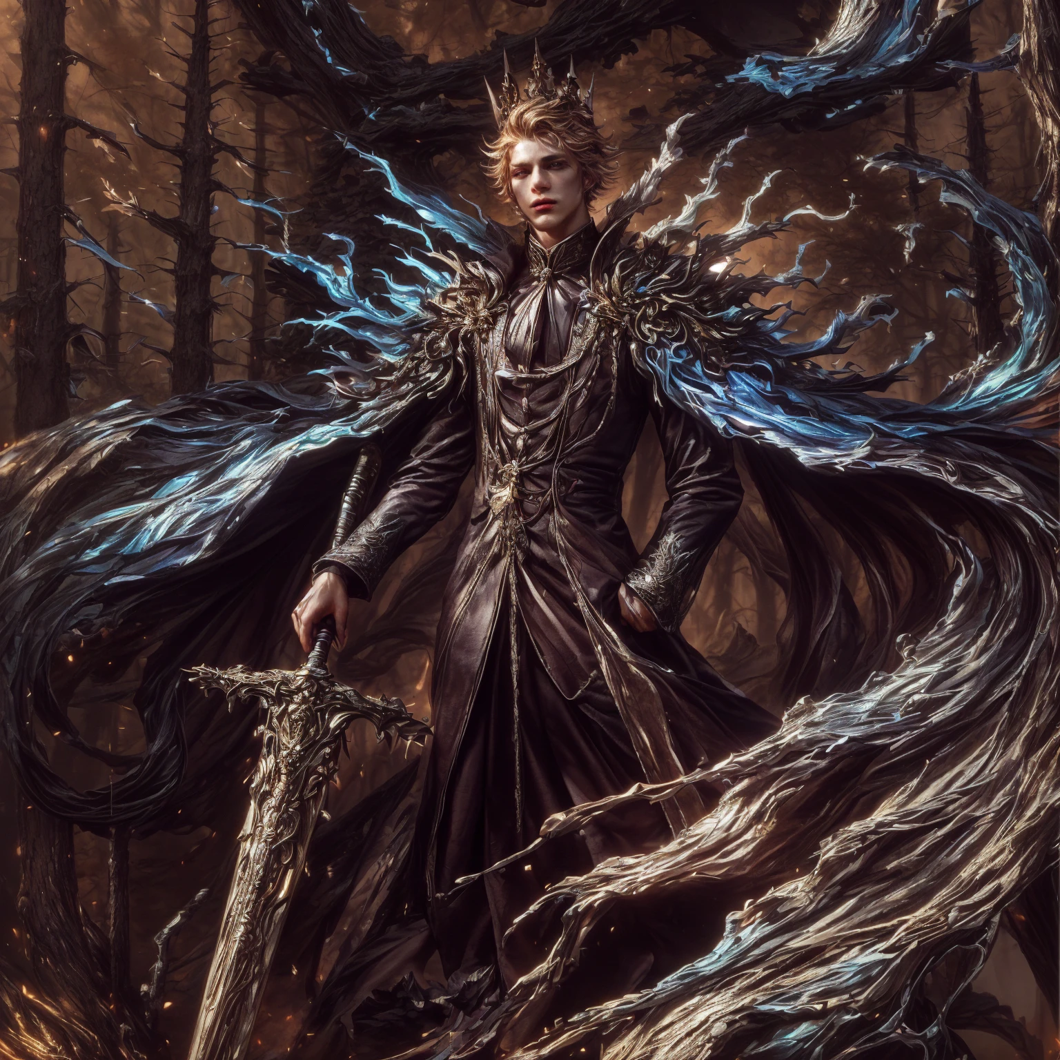 imagem de um vampiro masculino com uma espada em uma floresta, senhor vampiro, arte de estilo fantasia sombria, e Mumford Tom Bagshaw, uma ilustração de fantasia sinistra, governante do inferno, in style of arte de fantasia sombria, vampiro do clã lasombra, design de personagens de fantasia sombria, arte de fantasia sombria, lindo deus masculino da morte, arte de fantasia gótica. Extremely detaild, 8K, HDR, natural light, cinematic lighting, masterpiece-anatomy-perfect, Ultra HD, RAW photo, metallic, professional, ultra-fine painting, perfect body proportions, anatomically correct, uhd, real texture material, Anti-Aliasing, FKAA, TXAA, SSAO, Post Processing, Post Production, Tone Mapping, CGI, VFX, SFX, Hyper maximalist, Volumetric, ultra photorealultra-detailed intricate details.