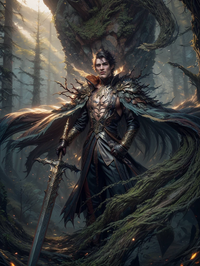 imagem de um vampiro masculino com uma espada em uma floresta, senhor vampiro, arte de estilo fantasia sombria, e Mumford Tom Bagshaw, uma ilustração de fantasia sinistra, governante do inferno, in style of arte de fantasia sombria, vampiro do clã lasombra, design de personagens de fantasia sombria, arte de fantasia sombria, lindo deus masculino da morte, arte de fantasia gótica. Extremely detaild, 8K, HDR, natural light, cinematic lighting, masterpiece-anatomy-perfect, Ultra HD, RAW photo, metallic, professional, ultra-fine painting, perfect body proportions, anatomically correct, uhd, real texture material, Anti-Aliasing, FKAA, TXAA, SSAO, Post Processing, Post Production, Tone Mapping, CGI, VFX, SFX, Hyper maximalist, Volumetric, ultra photorealultra-detailed intricate details.