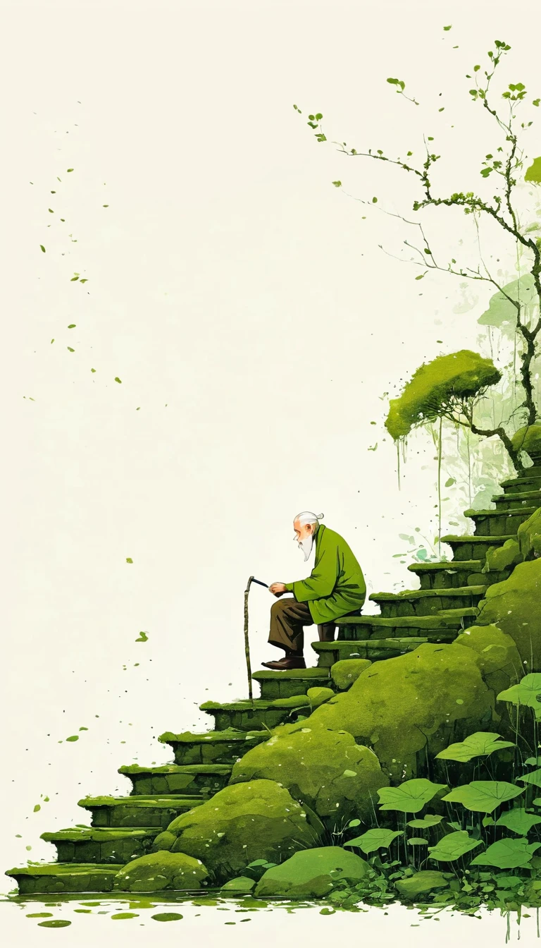 中国水墨画sketch：Light Ink，Lowercase，sketch，artistic conception，Old man on mossy steps，Minimalism，(((Negative Space,Bottom left composition)))