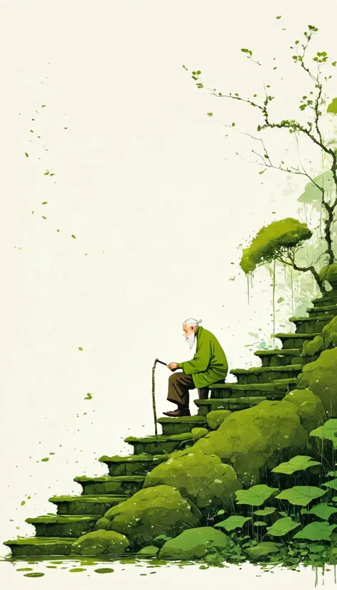 中国水墨画sketch：light ink，lowercase，sketch，artistic conception，old man on mossy steps，minimalism，(((negative space,bottom left compo...