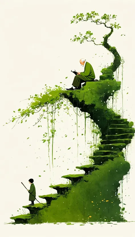 中国水墨画sketch：light ink，lowercase，sketch，artistic conception，old man on mossy steps，minimalism，(((negative space,bottom left compo...