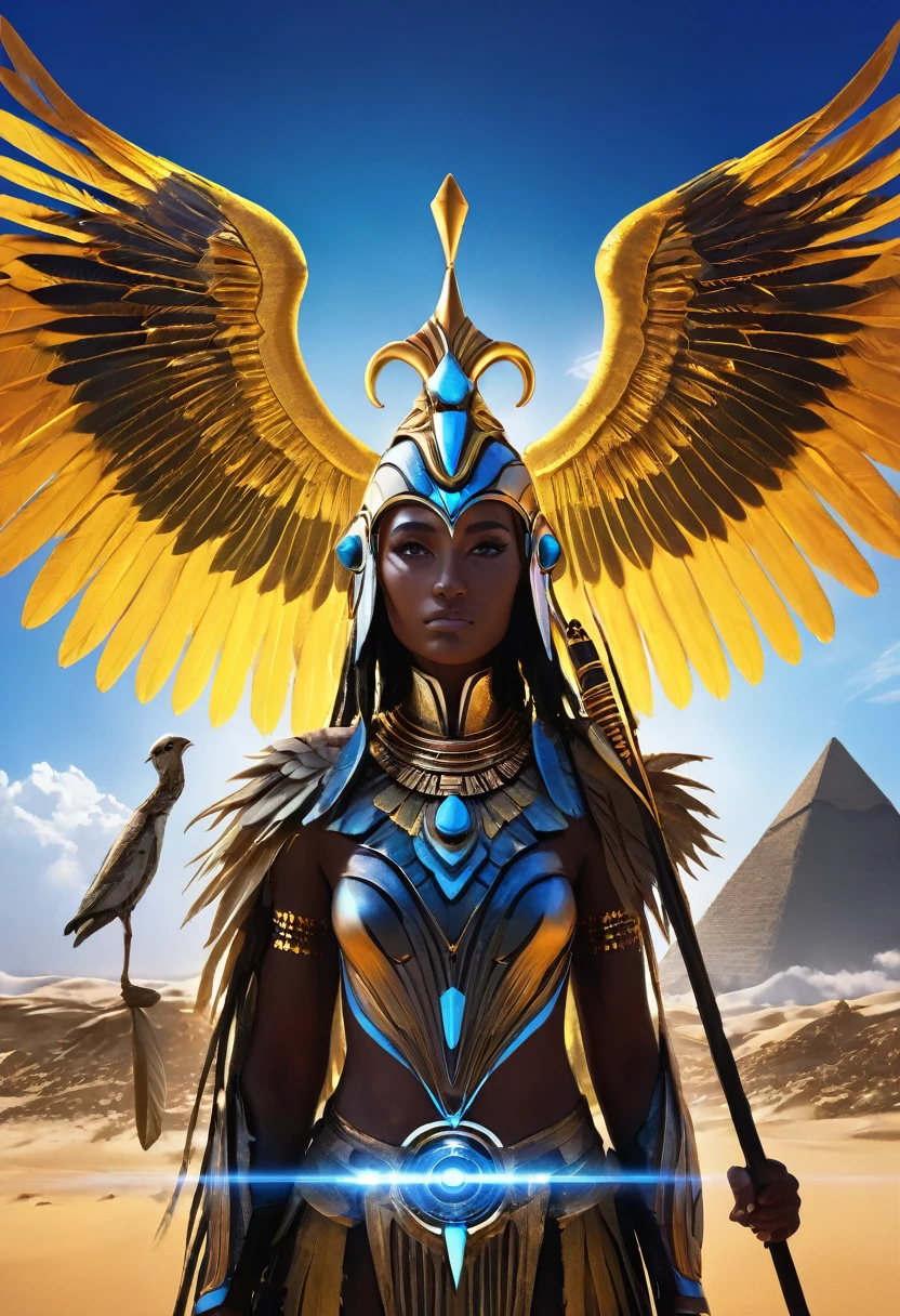 (a stunningly realistic, 8k high-resolution book cover for the dramatic science fiction novel, 'gods of the serengeti':1.3, 'feathered dawn: origins':1.3, a awe-inspiring human-avian bird deity with african genetic and phenotypic features and a regal presence, holding a futuristic ankh staff:1.2, feathered wings:1.5, donning high-tech, sci-fi armor adorned with intricate patterns, a fantastical landscape:1.4 with floating pyramids:1.3, vibrant skies, and distant mountains, natural and rich color palette, creating a mystical and epic atmosphere, 'terrance james':1.2, actual, 16k ultra hd, 3d rendered, unreal engine v5.2)