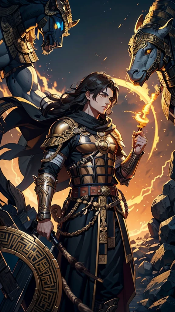 Hermes the thiefts protector the greek god in ancient times. Wearing is war armor  looks more middle eastern babylon 

armor black and gold with a ram head on left shoulder .he has his two snakes comin up staff.can his eyes be light brown like ambers and dark brown hair with flames abd lighting around him