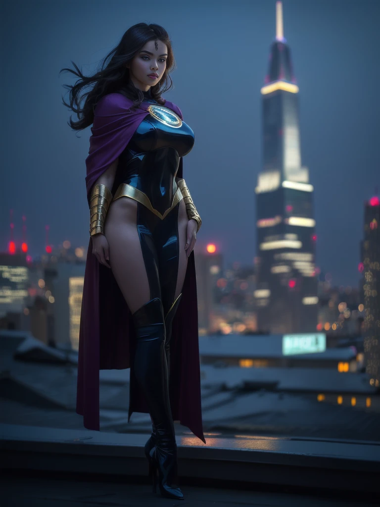 Two women in superhero costumes standing on a rooftop at night, Purple and white cloak, shrew, queen of ice and storm, Black and white tight robe!, Marvel and DC style, Trinity, full body white purple cloak, Dark blue and white robe, Full body photo of movie goddess, Hero pose colorful city lights, white and purple, spark, storm!