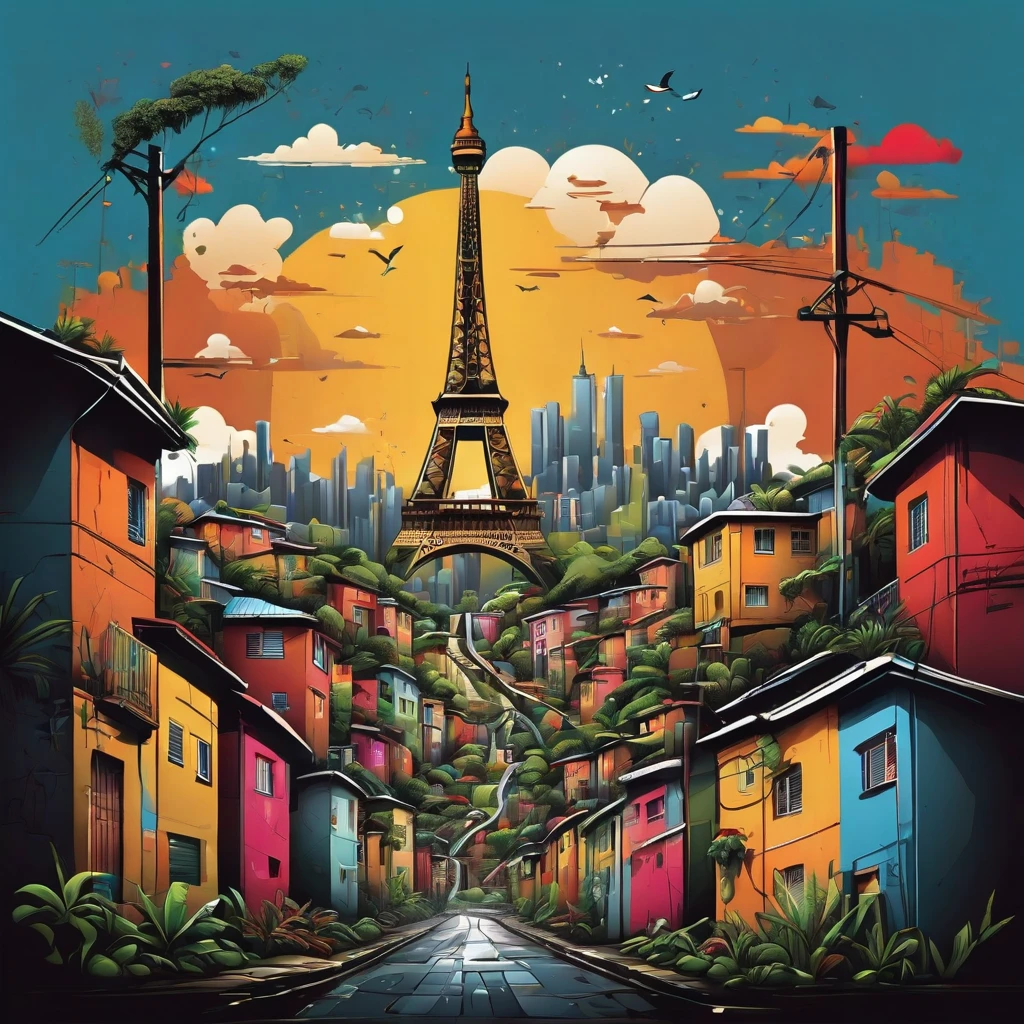 Vector t-shirt art design, centered, Eifell Tower in the middle of a favela, Brazil, Afrofuturism, plants, eifell tower made of houses in a favela, ultra quality, intricate details, cinematic lighting