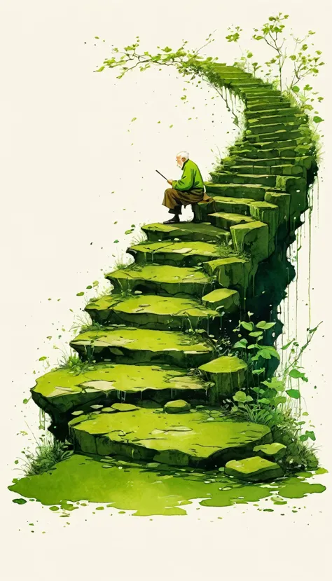 中国水墨画sketch：light ink，lowercase，sketch，artistic conception，old man on mossy steps，minimalism，(((negative space,bottom left compo...