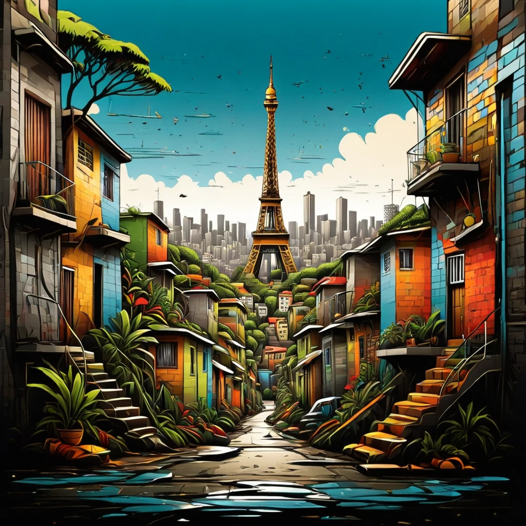 Vector t-shirt art design, centered, Eifell Tower in the middle of a favela, Brazil, Afrofuturism, plants, eifell tower made of houses in a favela, ultra quality, intricate details, cinematic lighting